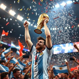 A dynamic and inspiring scene capturing Lionel Messi lifting the FIFA World Cup trophy in celebration