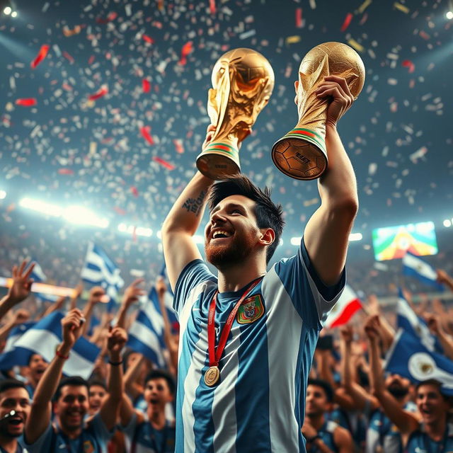 A dynamic and inspiring scene capturing Lionel Messi lifting the FIFA World Cup trophy in celebration