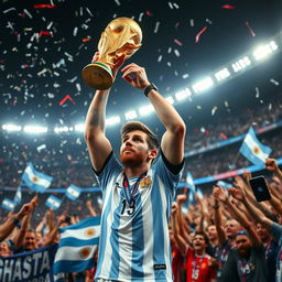 A dynamic and inspiring scene capturing Lionel Messi lifting the FIFA World Cup trophy in celebration