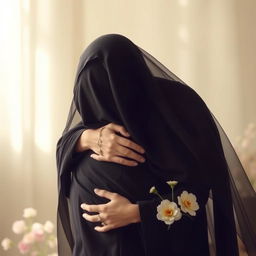 A serene and heartwarming scene depicting Hazrat Zahra embracing an individual with kindness and compassion
