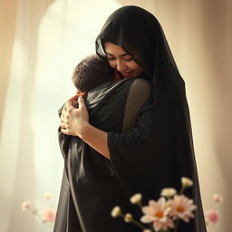 A serene and heartwarming scene depicting Hazrat Zahra embracing an individual with kindness and compassion