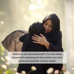 A serene and heartwarming scene depicting Hazrat Zahra embracing an individual with kindness and compassion