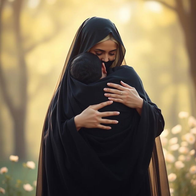 A serene and heartwarming scene depicting Hazrat Zahra embracing an individual with kindness and compassion