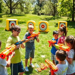 A cheerful scene where an instructor is teaching a group of children how to play with Nerf blasters in a bright, sunny outdoor setting