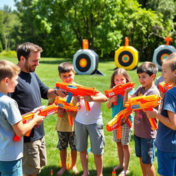 A cheerful scene where an instructor is teaching a group of children how to play with Nerf blasters in a bright, sunny outdoor setting