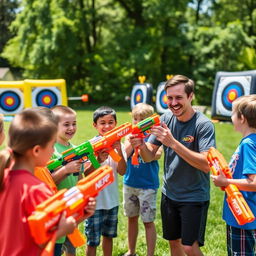 A cheerful scene where an instructor is teaching a group of children how to play with Nerf blasters in a bright, sunny outdoor setting