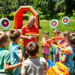 A cheerful scene where an instructor is teaching a group of children how to play with Nerf blasters in a bright, sunny outdoor setting