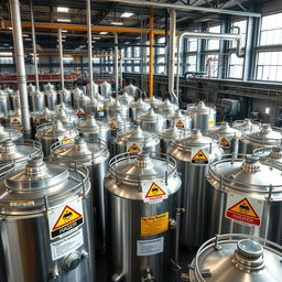 A large and impressive chemical manufacturing company filled with various chemical storage tanks and containers