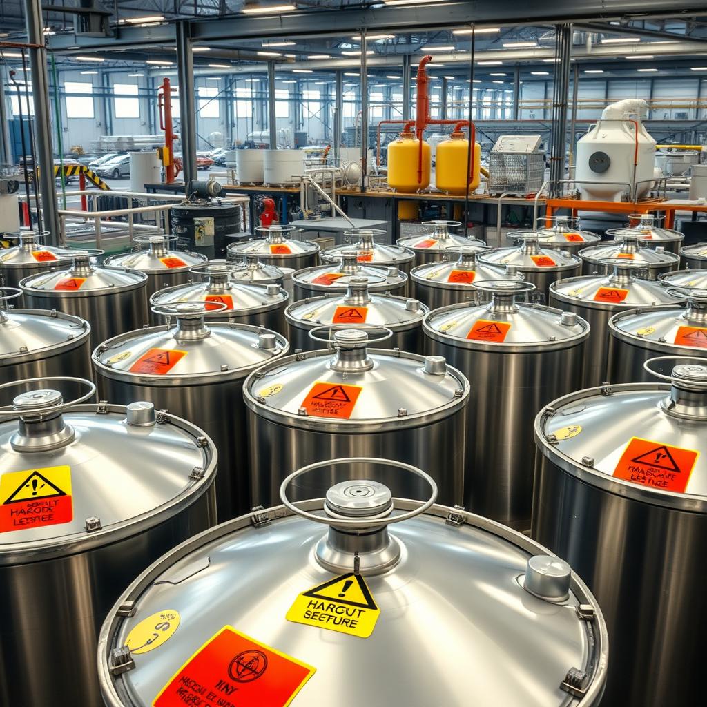 A large and impressive chemical manufacturing company filled with various chemical storage tanks and containers