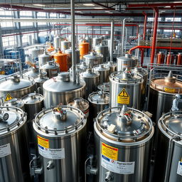 A large and impressive chemical manufacturing company filled with various chemical storage tanks and containers