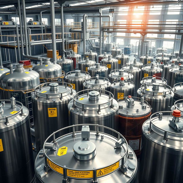 A large and impressive chemical manufacturing company filled with various chemical storage tanks and containers