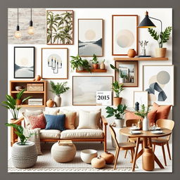 A vision board collage showcasing an eclectic mix of stylish home decor items that embody [company name]'s brand aesthetic and values