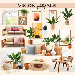 A vision board collage showcasing an eclectic mix of stylish home decor items that embody [company name]'s brand aesthetic and values