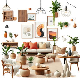 A vision board collage showcasing an eclectic mix of stylish home decor items that embody [company name]'s brand aesthetic and values