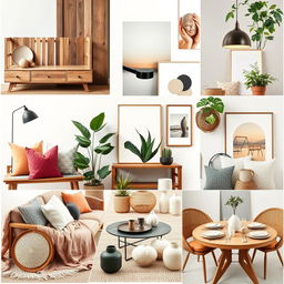 A vision board collage showcasing an eclectic mix of stylish home decor items that embody [company name]'s brand aesthetic and values