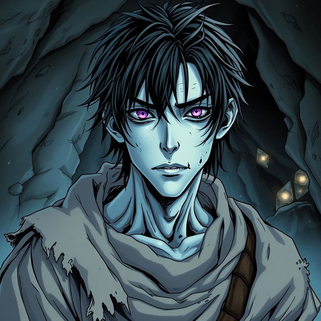 An intriguing manga light novel series cover showcasing a male undead zombie character with shaggy black hair and captivating pale blue skin