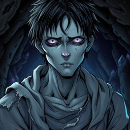 An intriguing manga light novel series cover showcasing a male undead zombie character with shaggy black hair and captivating pale blue skin