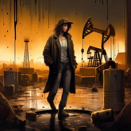 Illustrate a sassy, confident figure strutting with an air of pride, characterized by oil wells pumping in the backdrop of their living room, while causing gloom in onlookers. Render in an artful fashion.