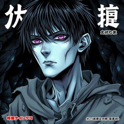 An intriguing manga light novel series cover showcasing a male undead zombie character with shaggy black hair and captivating pale blue skin