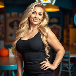 A captivating, curvy woman with pale skin and long, flowing blonde hair, embodying confidence and charm
