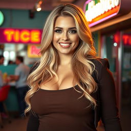 A captivating, curvy woman with pale skin and long, flowing blonde hair, embodying confidence and charm