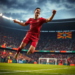 A dynamic sports scene showcasing Cristiano Ronaldo celebrating a stunning goal during a World Cup match