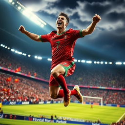 A dynamic sports scene showcasing Cristiano Ronaldo celebrating a stunning goal during a World Cup match