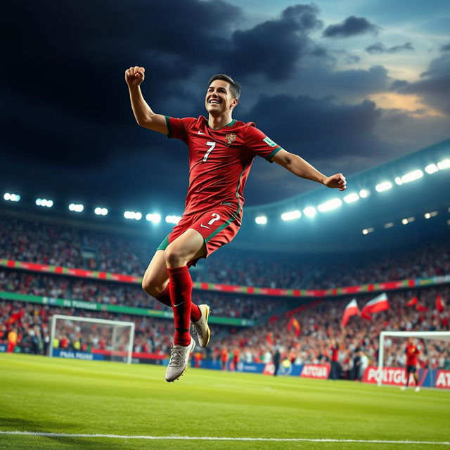 A dynamic sports scene showcasing Cristiano Ronaldo celebrating a stunning goal during a World Cup match