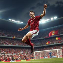 A dynamic sports scene showcasing Cristiano Ronaldo celebrating a stunning goal during a World Cup match