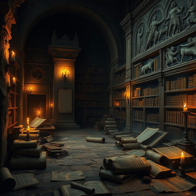 An ancient library filled with scrolls and books, dimly lit by flickering candlelight