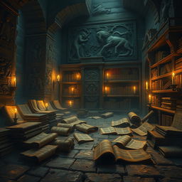 An ancient library filled with scrolls and books, dimly lit by flickering candlelight