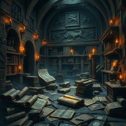An ancient library filled with scrolls and books, dimly lit by flickering candlelight