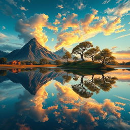 A surreal landscape where the world reflects itself in various forms, with a vibrant sky mirrored in still waters, fantastical flora and fauna appearing equally in the atmosphere and reflections below, creating a dreamlike experience