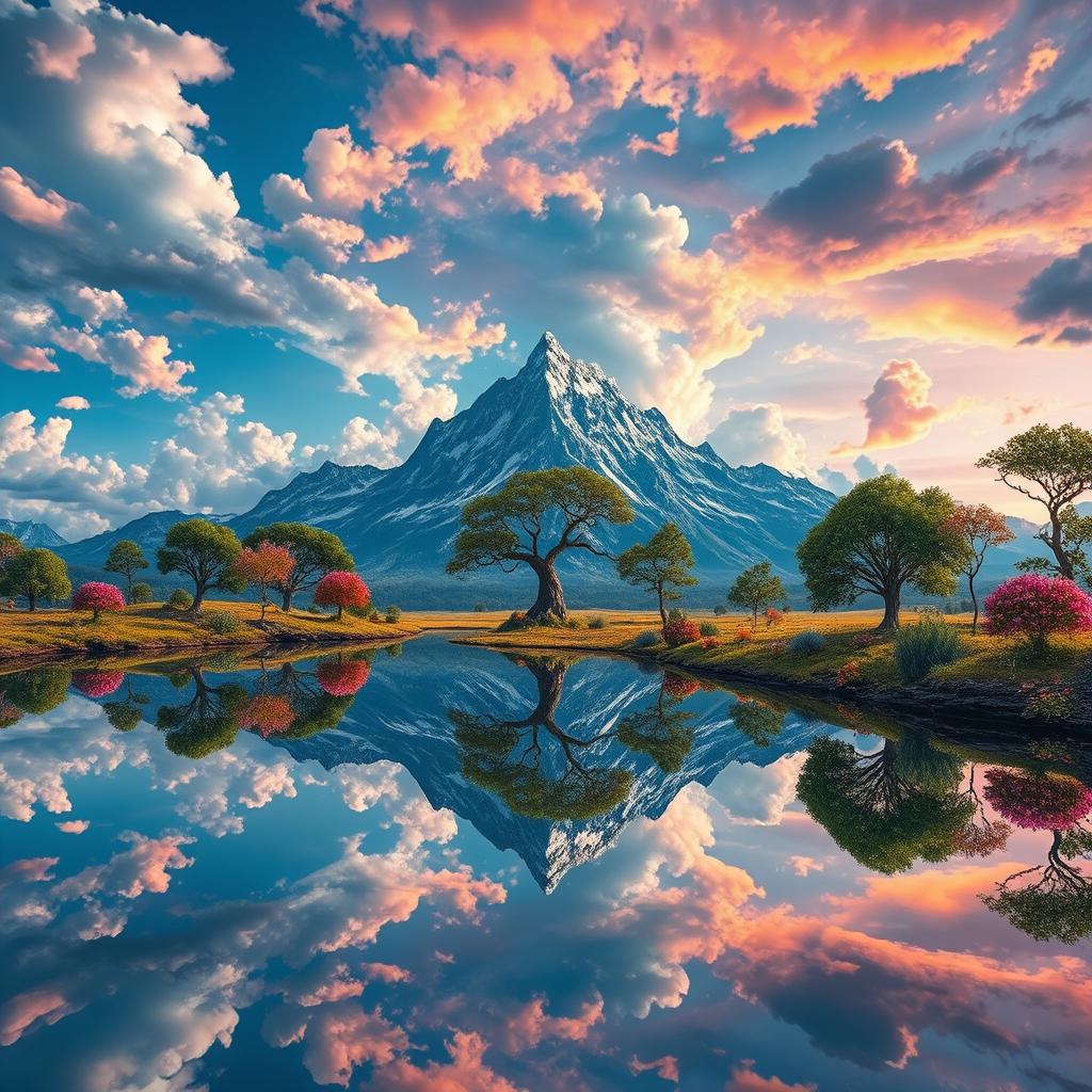 A surreal landscape where the world reflects itself in various forms, with a vibrant sky mirrored in still waters, fantastical flora and fauna appearing equally in the atmosphere and reflections below, creating a dreamlike experience