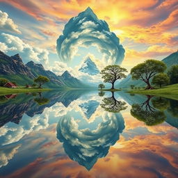 A surreal landscape where the world reflects itself in various forms, with a vibrant sky mirrored in still waters, fantastical flora and fauna appearing equally in the atmosphere and reflections below, creating a dreamlike experience