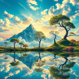 A surreal landscape where the world reflects itself in various forms, with a vibrant sky mirrored in still waters, fantastical flora and fauna appearing equally in the atmosphere and reflections below, creating a dreamlike experience