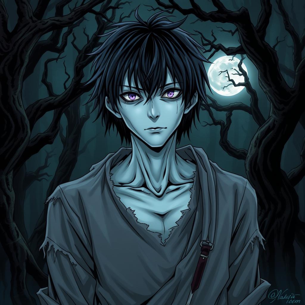 An engaging manga light novel series cover showcasing a male undead zombie character with shaggy black hair and striking pale blue skin