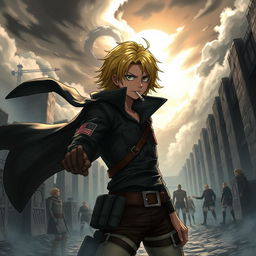 A dynamic scene featuring Sanji from One Piece, styled as a character from Attack on Titan