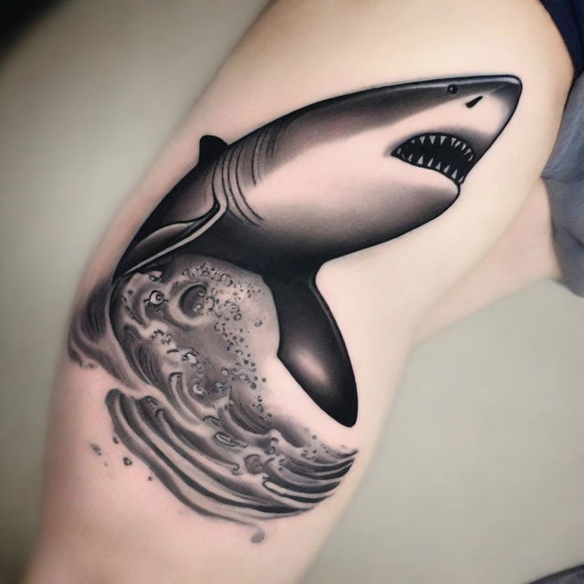 An image of a high-quality, intricate tattoo design featuring a majestic shark swimming in the deep ocean