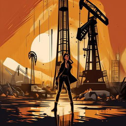 Illustrate a sassy, confident figure strutting with an air of pride, characterized by oil wells pumping in the backdrop of their living room, while causing gloom in onlookers. Render in an artful fashion.