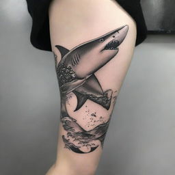 An image of a high-quality, intricate tattoo design featuring a majestic shark swimming in the deep ocean