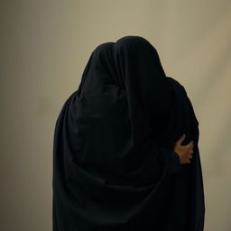 A serene and intimate scene depicting two figures embracing, both draped in simple black chadors, symbolizing unity and devotion