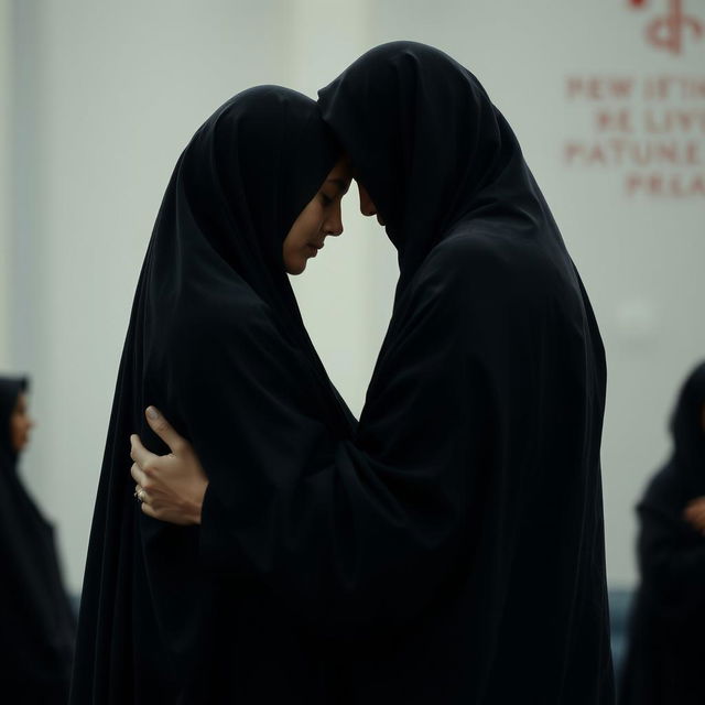 A serene and intimate scene depicting two figures embracing, both draped in simple black chadors, symbolizing unity and devotion