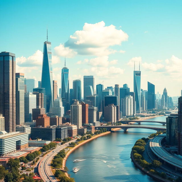 A bustling modern cityscape featuring numerous tall skyscrapers towering over the landscape