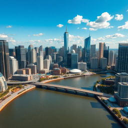 A bustling modern cityscape featuring numerous tall skyscrapers towering over the landscape