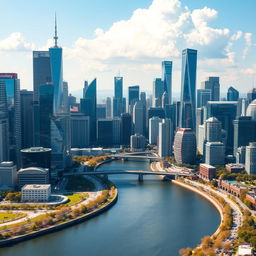 A bustling modern cityscape featuring numerous tall skyscrapers towering over the landscape