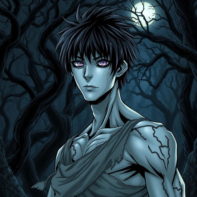 An engaging manga light novel series cover showcasing a slightly muscular male undead zombie character with shaggy black hair and striking pale blue skin