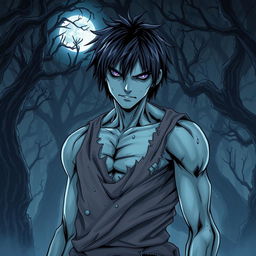 An engaging manga light novel series cover showcasing a slightly muscular male undead zombie character with shaggy black hair and striking pale blue skin