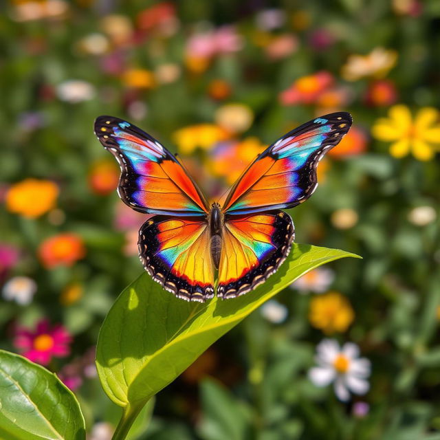 A close-up view of a vibrant, iridescent butterfly resting on a bright green leaf