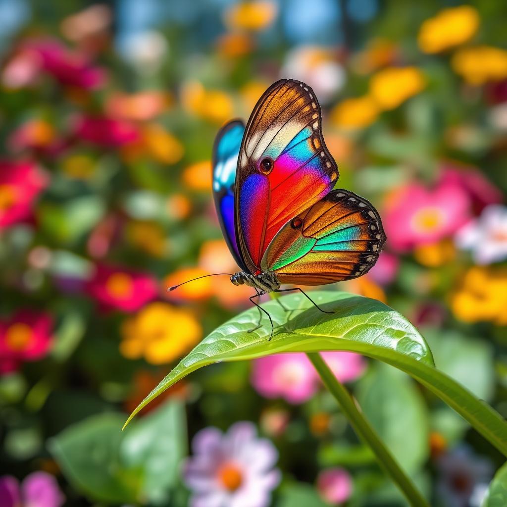 A close-up view of a vibrant, iridescent butterfly resting on a bright green leaf